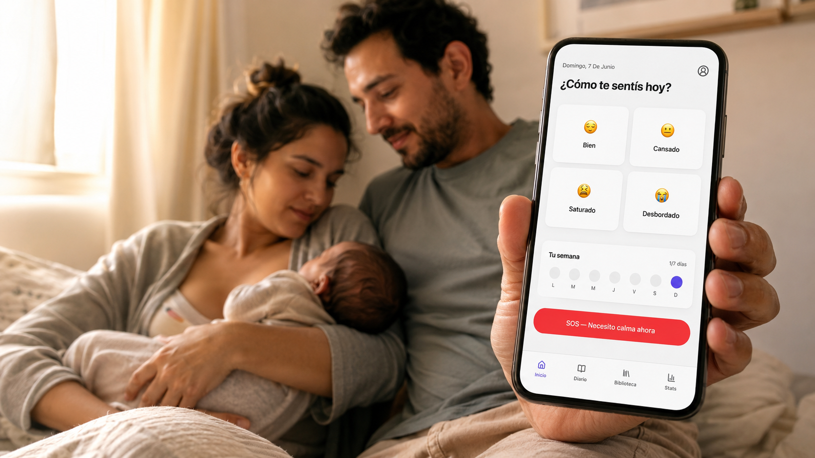 Mamá y papá primerizos con su bebé usando la app Padres en Calma